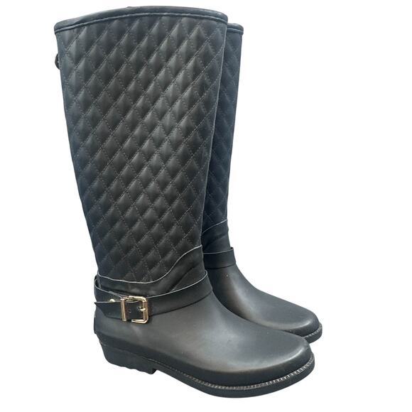Guess Rain Boots & Quilted Black Gold Trim Tall Outdoorsy Riding Western Preppy - Picture 2 of 16